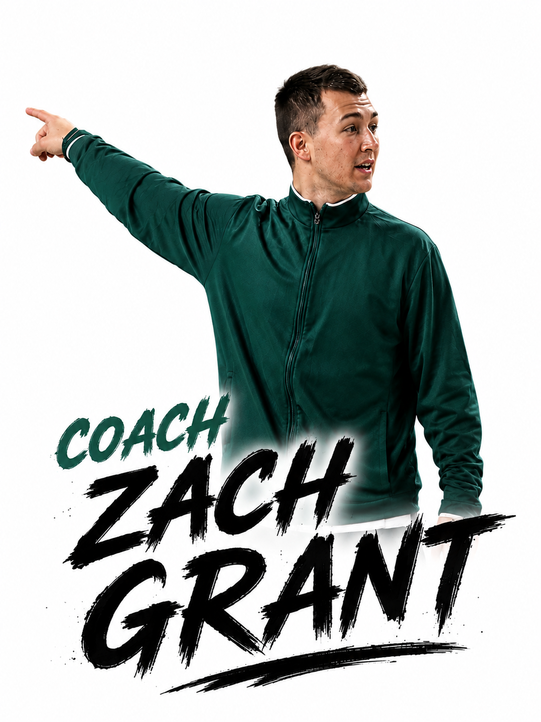 Coach Zach Grant pointing on the court